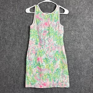Lilly Pulitzer  Mila Dress Womens Sz 0 Green Pink flamingo Beach Tropical